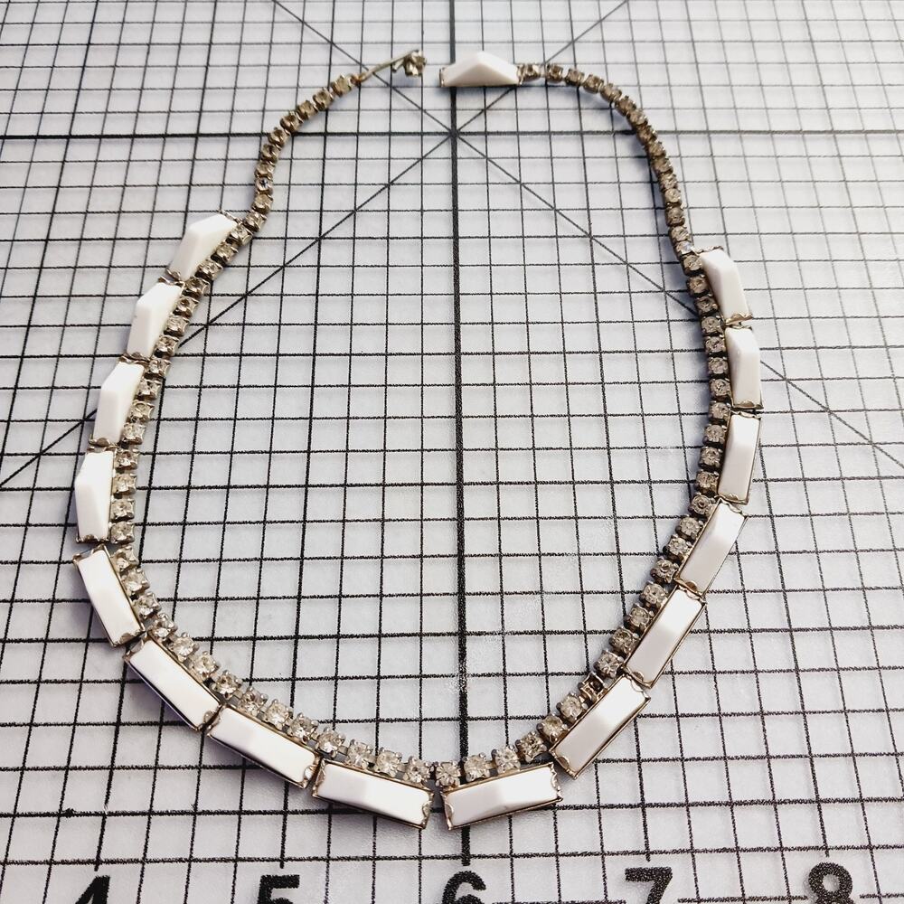Necklace VTG Kramer of New York White Enamel Rhinestone Mid Century Statement